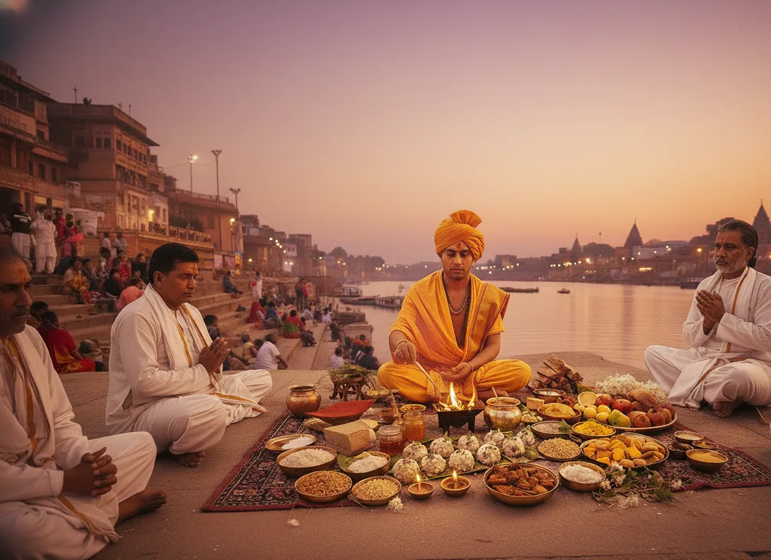 Pandit performing Parvana Shraddh rituals with traditional offerings in Kashi and Gaya