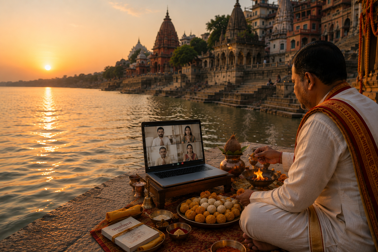 Pandit performing Pind Daan at the ghats of Kashi with NRI couple during Pitru Paksha 2026